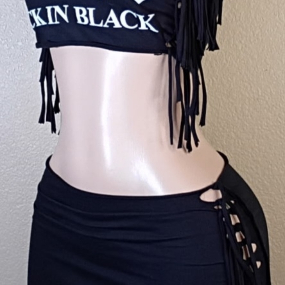 AC/DC Black Custom Fringe Bandeau with Side-Cut Black Mini Skirt - Picture 3 of 4